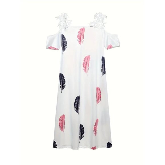 Boho Cold Shoulder Lace Feather Print Midi Dress White V-Neck Summer - Picture 2 of 5